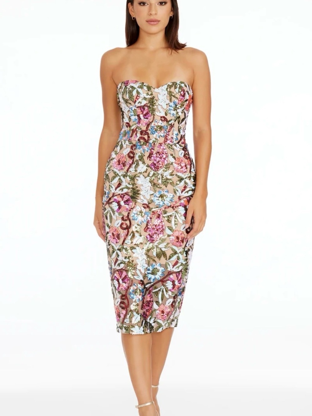 Dress the Population Strapless Sequin Floral Midi Dress - Pink Multi